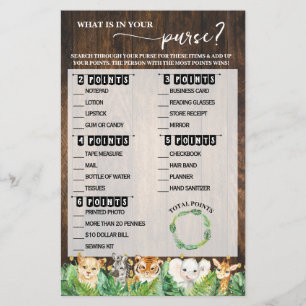 What is in your Purse Safari Baby Shower Game Flyer