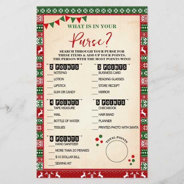 What is in Your Purse Ugly Sweater Game Card (Front)