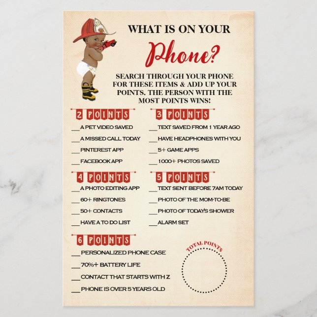 What is on your Phone AA Fireman Shower Game Card (Front)