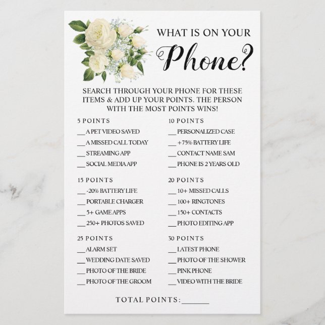 What is on your Phone Bridal Shower Game Card (Front)