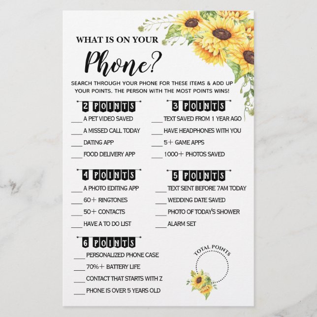 What is on your Phone Bridal Shower Game Card Flye (Front)