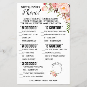 What is on your Phone Bridal Shower Pink Game Card