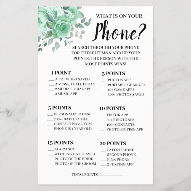 What is on your Phone GreenRoses Shower Game Card  (Front)