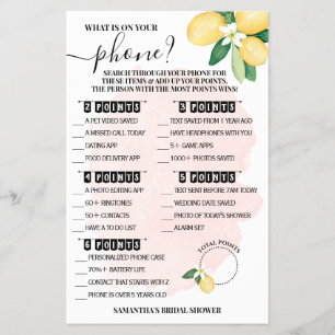 What is on your Phone Lemons Pink Shower Game Card