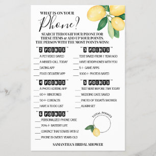 What is on your Phone Lemons Shower Game Card Flye