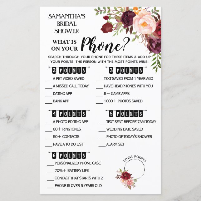 What is on your Phone Marsala Bridal Shower Game (Front)