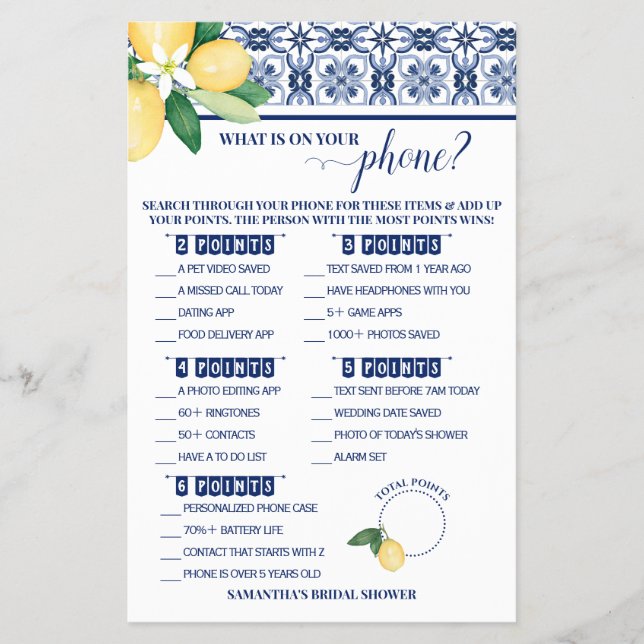 What is on your Phone Mediterranean Shower Game Flyer (Front)
