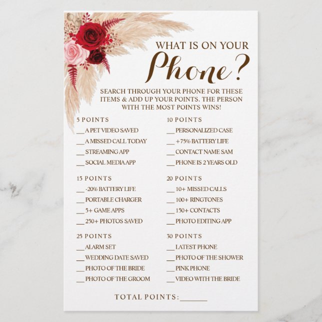 What is on your Phone Pampas Shower Game Card (Front)