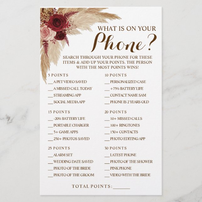 What is on your Phone Pampas Shower Game Card (Front)