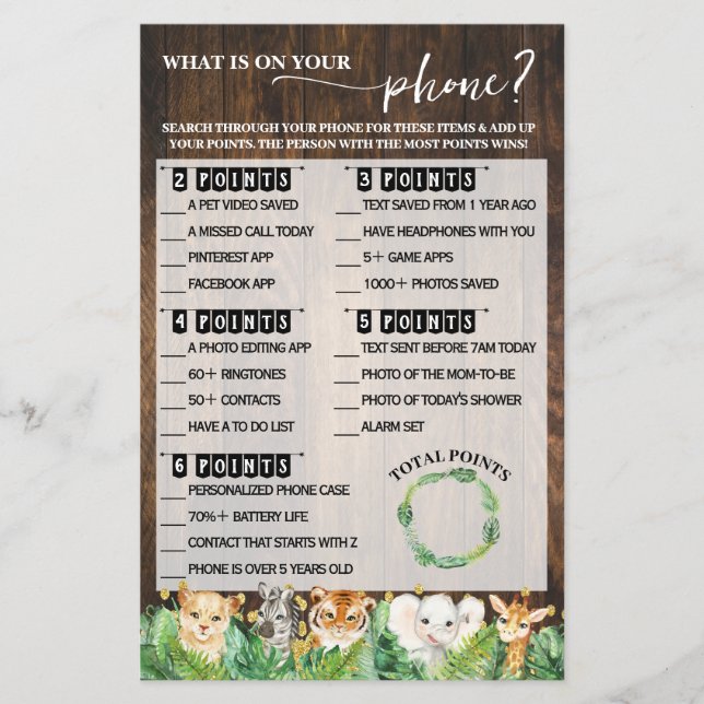 What is on your Phone Safari Baby Shower Game Card (Front)