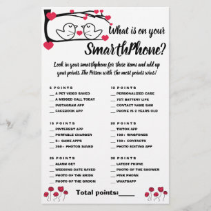 What is on your Phone Shower Game Card Love Bird