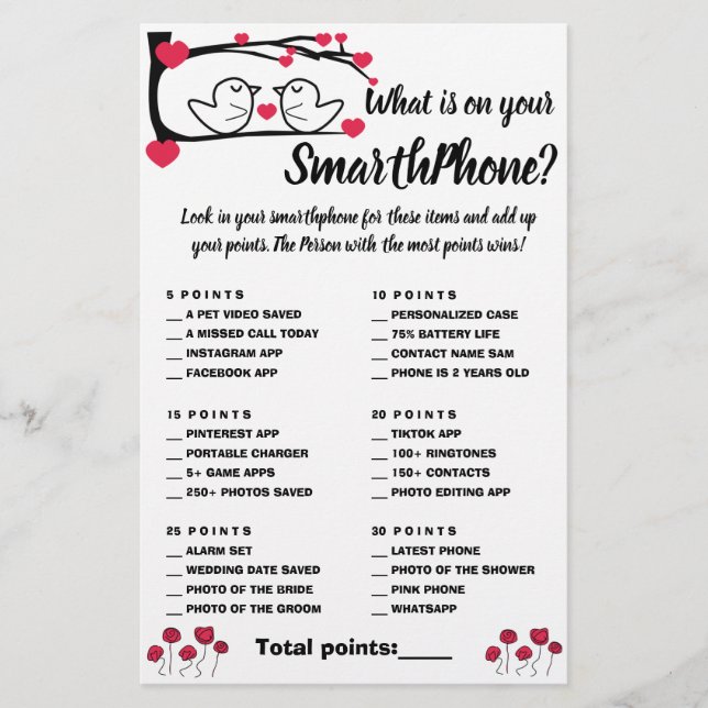 What is on your Phone Shower Game Card Love Bird (Front)