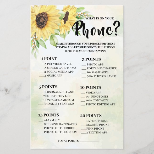 What is on your Phone Sunflowers Shower Game Card  (Front)