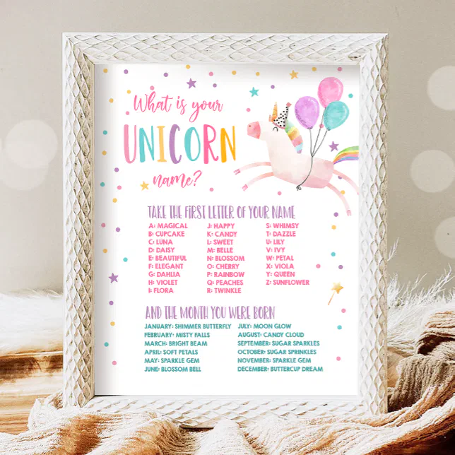 What Is Your Unicorn Name Magical Birthday Game Poster | Zazzle