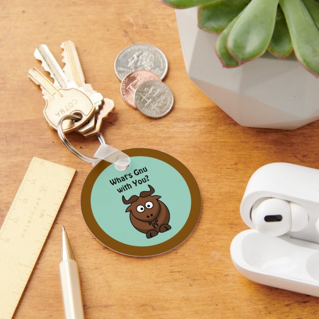What’s Gnu, Funny Buffalo Cartoon Animal Pun Key Ring (Desk)