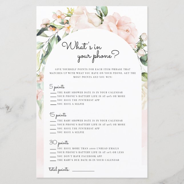What’s In Your Phone Blush Girl Baby Shower Game (Front)