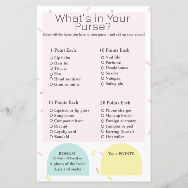 What’s in Your Purse? Bridal or Baby Shower Game  (Front)