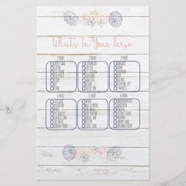 What’s in your Purse Navy Blush Bridal Shower Game (Front)