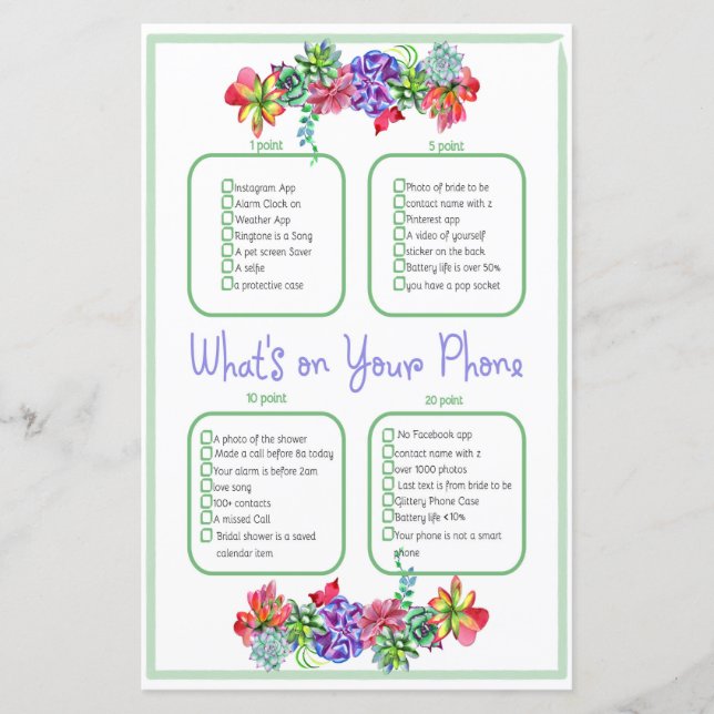 What’s on your phone Succulent Baby Shower Game (Front)