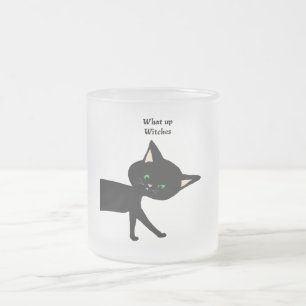 What Up Witches! Funny Black Cat with Green Eyes Frosted Glass Coffee Mug