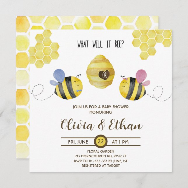 What will baby bee gender reveal baby shower invit invitation (Front/Back)