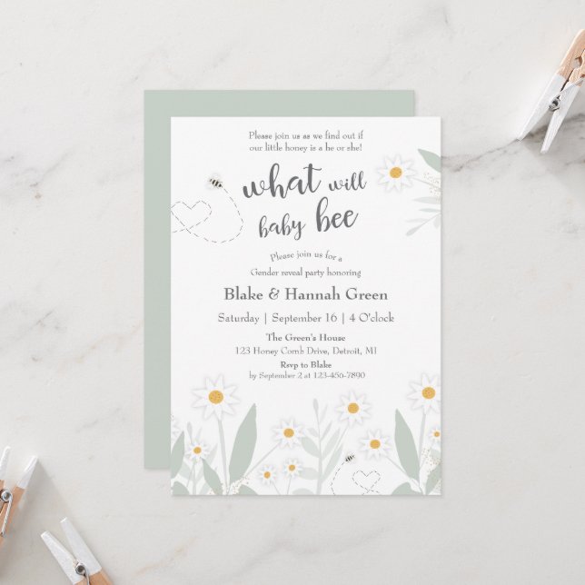 What Will Baby Bee Gender Reveal Invites (Front/Back In Situ)