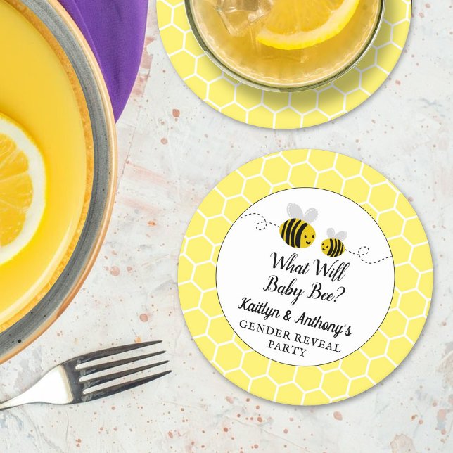 What Will Baby Bee? Gender Reveal Party Round Paper Coaster (Creator Uploaded)
