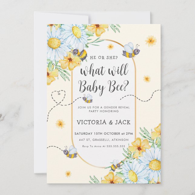What Will Baby Bee White Flowers Gender Reveal Invitation (Front)