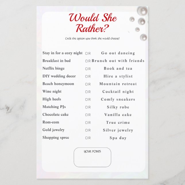 What Would She Choose? pearl Bridal Shower game (Front)