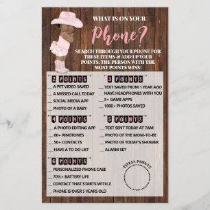 What your Phone AA Cowgirl Baby Shower Game Card