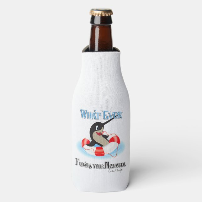 Whatever Floats your Narwhal Meme Bottle Cooler (Bottle Front)
