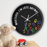 Whatever, I'm Late Anyway, Funny Colourful Black Clock<br><div class="desc">Have trouble getting places on time? Know someone who does? (Ahem,  your daughter or son?) This funny colourful clock with black background is perfect! The clock's text says Whatever,  I'm Late Anyway,  and all its numbers have fallen down...  cause who needs them,  right? Great for boys and girls!</div>