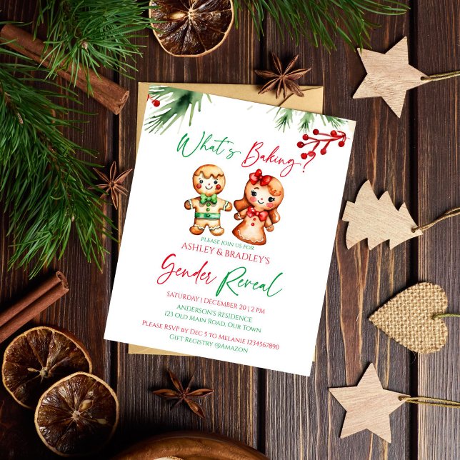 What's baking Christmas gender reveal invitation (What's baking Christmas gender reveal budget invitation gingerbread cookies boy or girl winter party)