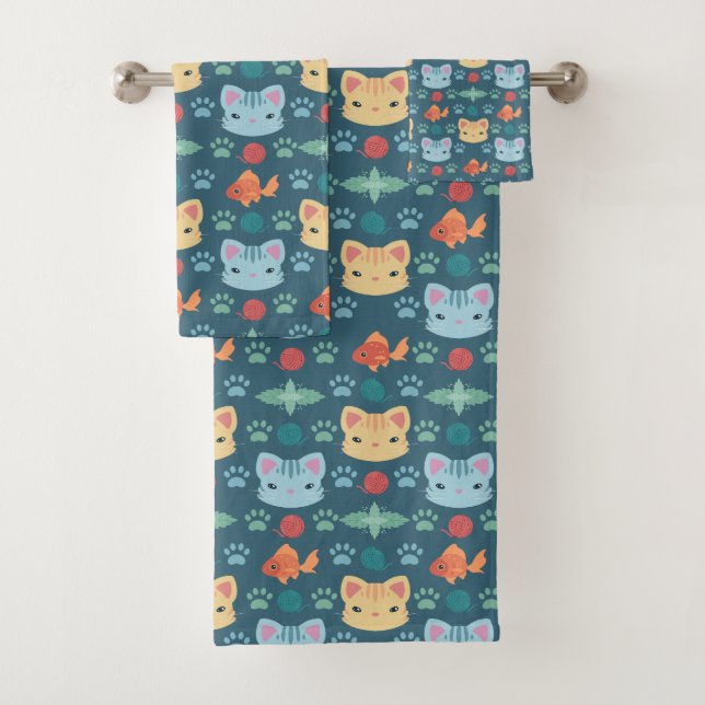 What's Cool, Kitty Cat in Blue and Yellow Bath Towel Set (Insitu)