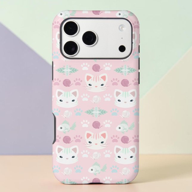 What's Cool, Kitty Cat in Pink and Mint Case-Mate  (iPhone case with pattern of illustrated kitty cat faces in pink and white with paw prints and fish)