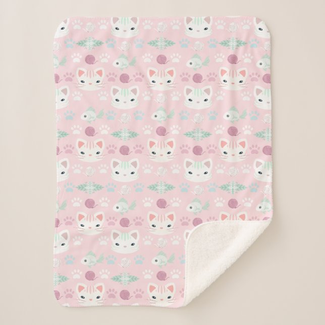 What's Cool, Kitty Cat in Pink and Mint Sherpa Blanket (Front)