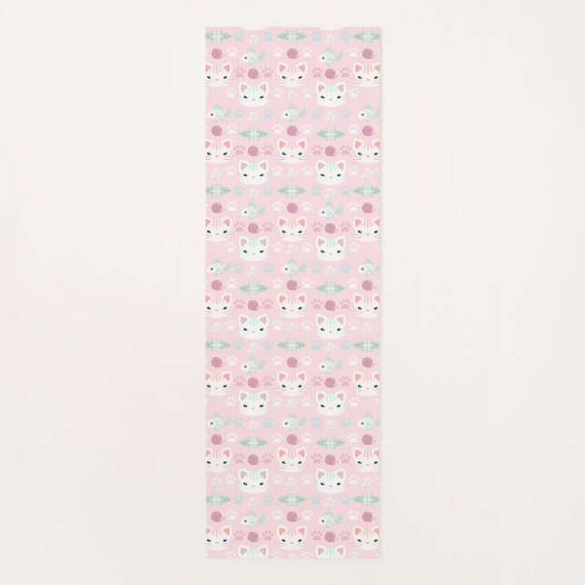 What's Cool, Kitty Cat in Pink and Mint Yoga Mat (Front)
