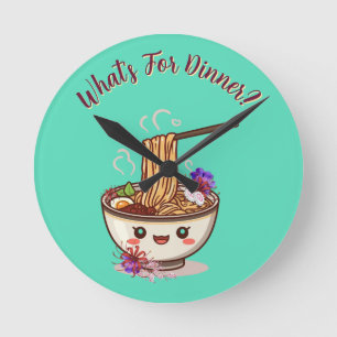 "What's For Dinner?" Mint Green Anime Ramen Bowl  Round Clock