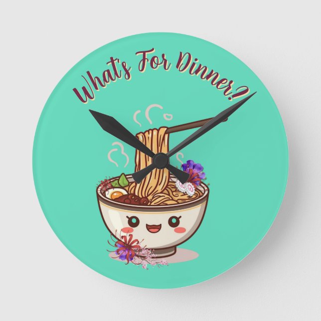 "What's For Dinner?" Mint Green Anime Ramen Bowl  Round Clock (Front)