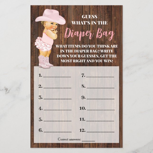 Whats In Diaper Bag Cowgirl Baby Shower Game Card (Front)