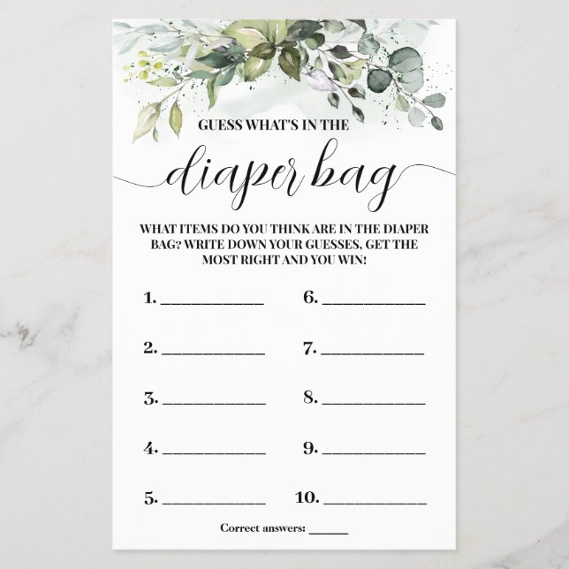 Whats In Diaper Bag Greenery Baby Shower Game Card (Front)