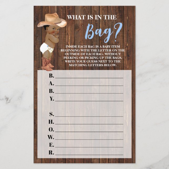 What's in the Bag AA Cowboy Baby Shower Game Card (Front)