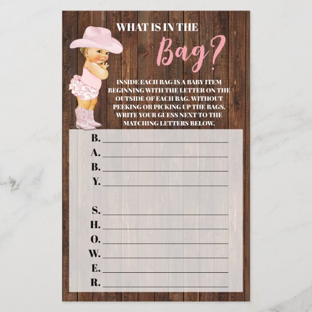 Whats in the Bag Cowgirl Baby Shower Game card (Front)