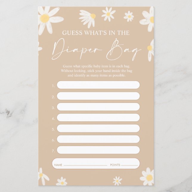 What's in the Diaper Bag Game, Daisy Baby Shower  (Front)