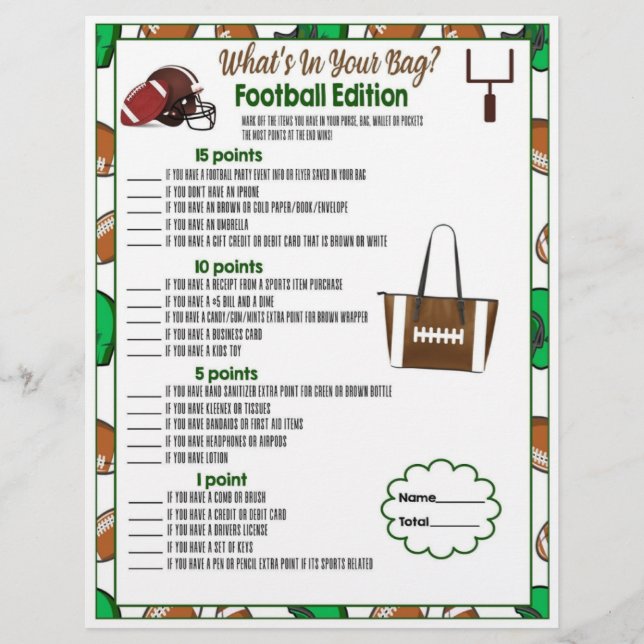 Whats in Your Bag, Football Party Game For Kids Custom Letterhead (Front)