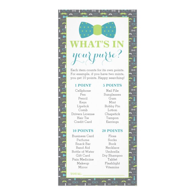What's In Your Purse? Baby Shower Game, 25 Pack Rack Card (Front)