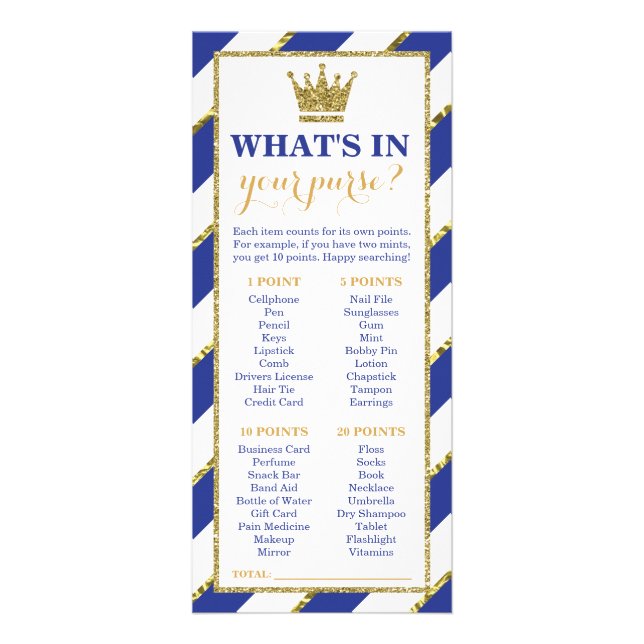 What's In Your Purse? Baby Shower Game, Prince Rack Card (Front)