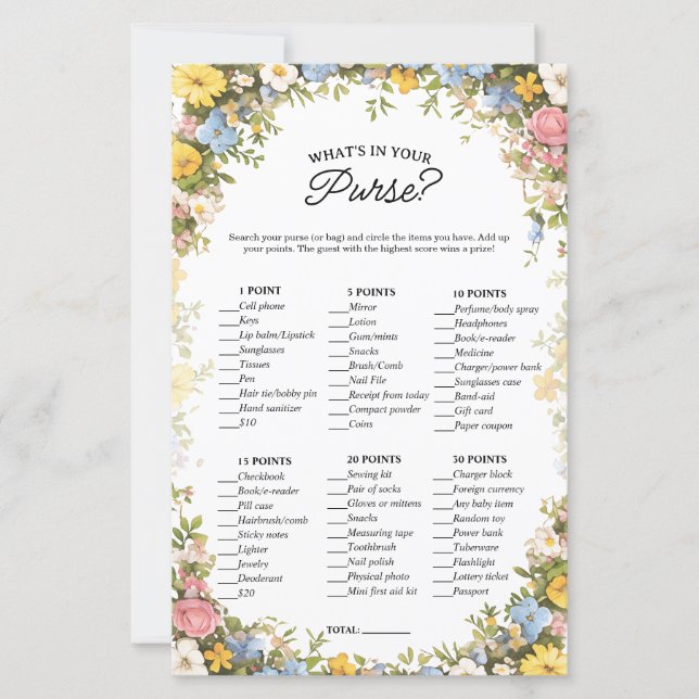 What's in your Purse Bridal Floral Party Game (Front)