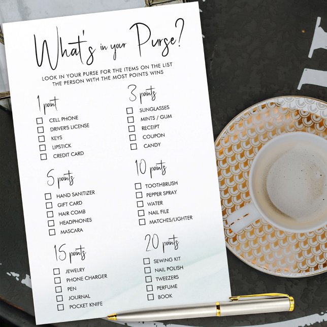 Whats in your Purse Bridal Shower Game Green Wash (Bridal shower game to score points depending on What's in your Purse)