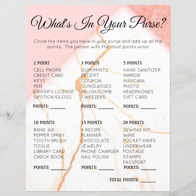 Whats In Your Purse Bridal Shower Game Marble Pink (Front)